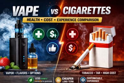 Vape vs cigarettes comparison showing a vape device and e-liquid on one side and a cigarette pack on the other, highlighting health, cost, and experience differences between vaping and smoking.