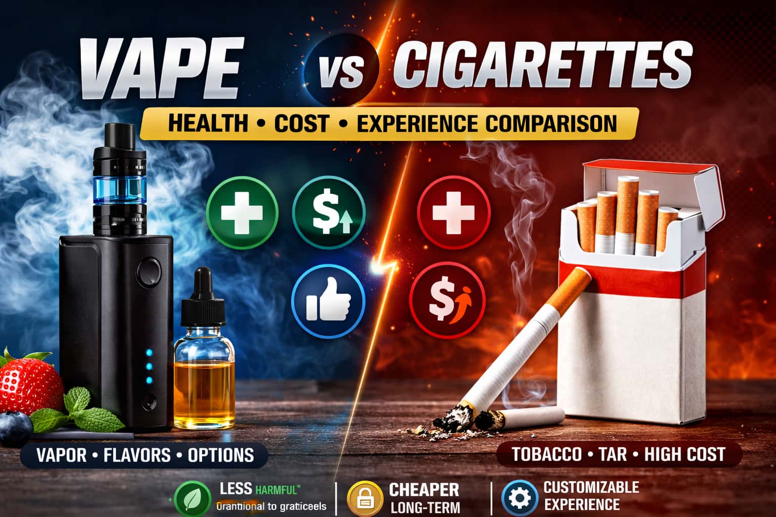 Vape vs cigarettes comparison showing a vape device and e-liquid on one side and a cigarette pack on the other, highlighting health, cost, and experience differences between vaping and smoking.